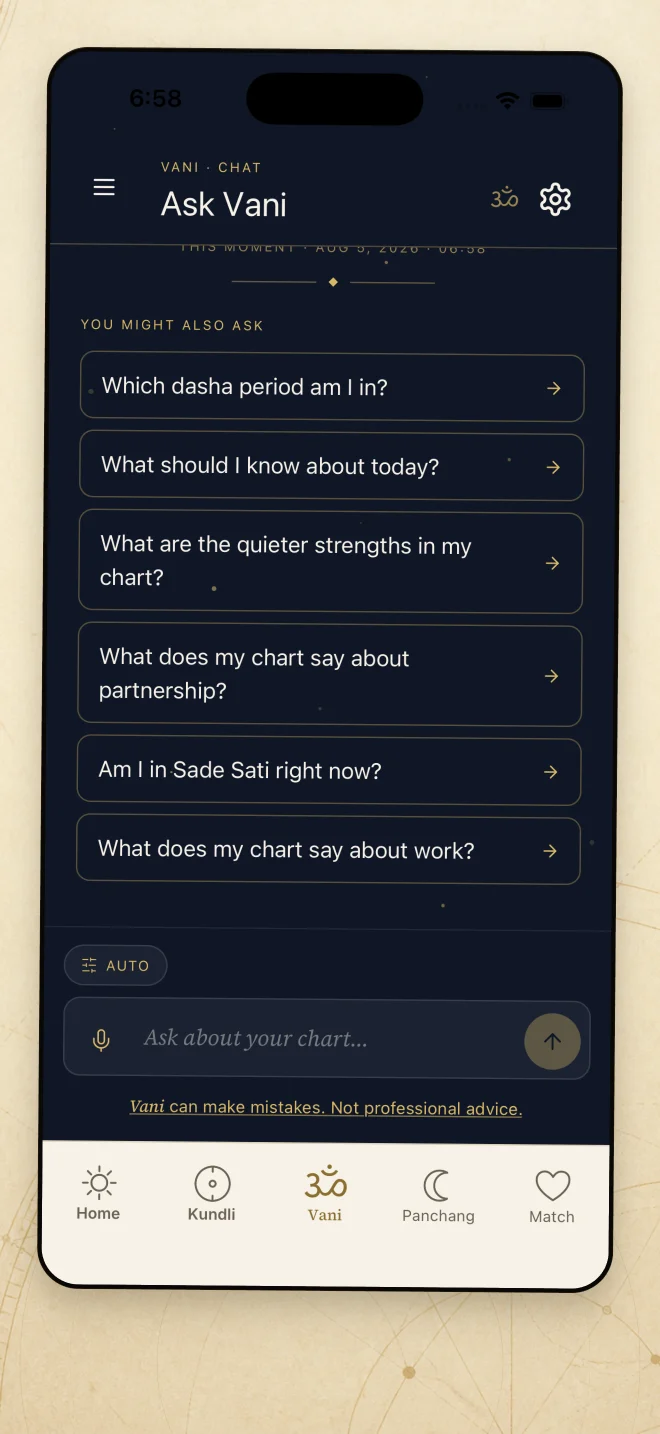 AstroDyuti Vani preview showing suggested questions grounded in a birth chart